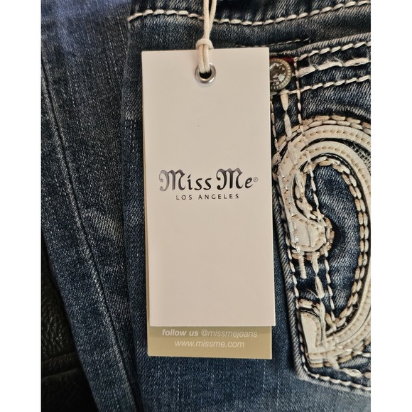 Miss Me Mid Rise Boot Slim Fit Distressed Blue Jeans Womens W29 L34 Embroidered - Picture 3 of 6